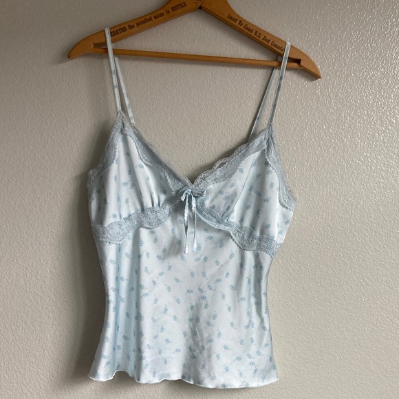 Y2K Light Blue floral Lace Trim Cami babydoll dainty tank Top coquette sz L - Picture 2 of 10